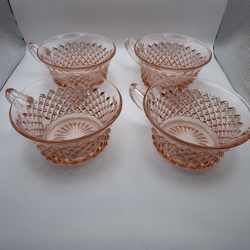 Vintage Pink Depression Glass Cups Set 4 Diamond Starburst Handled Miss America